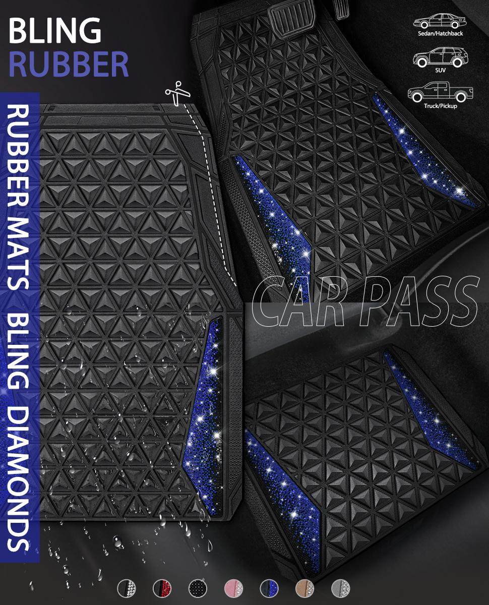 CAR PASS Bling Diamond Rhombus Rubber Leather Car Floor Mats, All-Weather for Car Full Set Durable Anti-Slip, Waterproof Trim Universal Fit,Sedan,SUV,Truck Vehicle Automotive