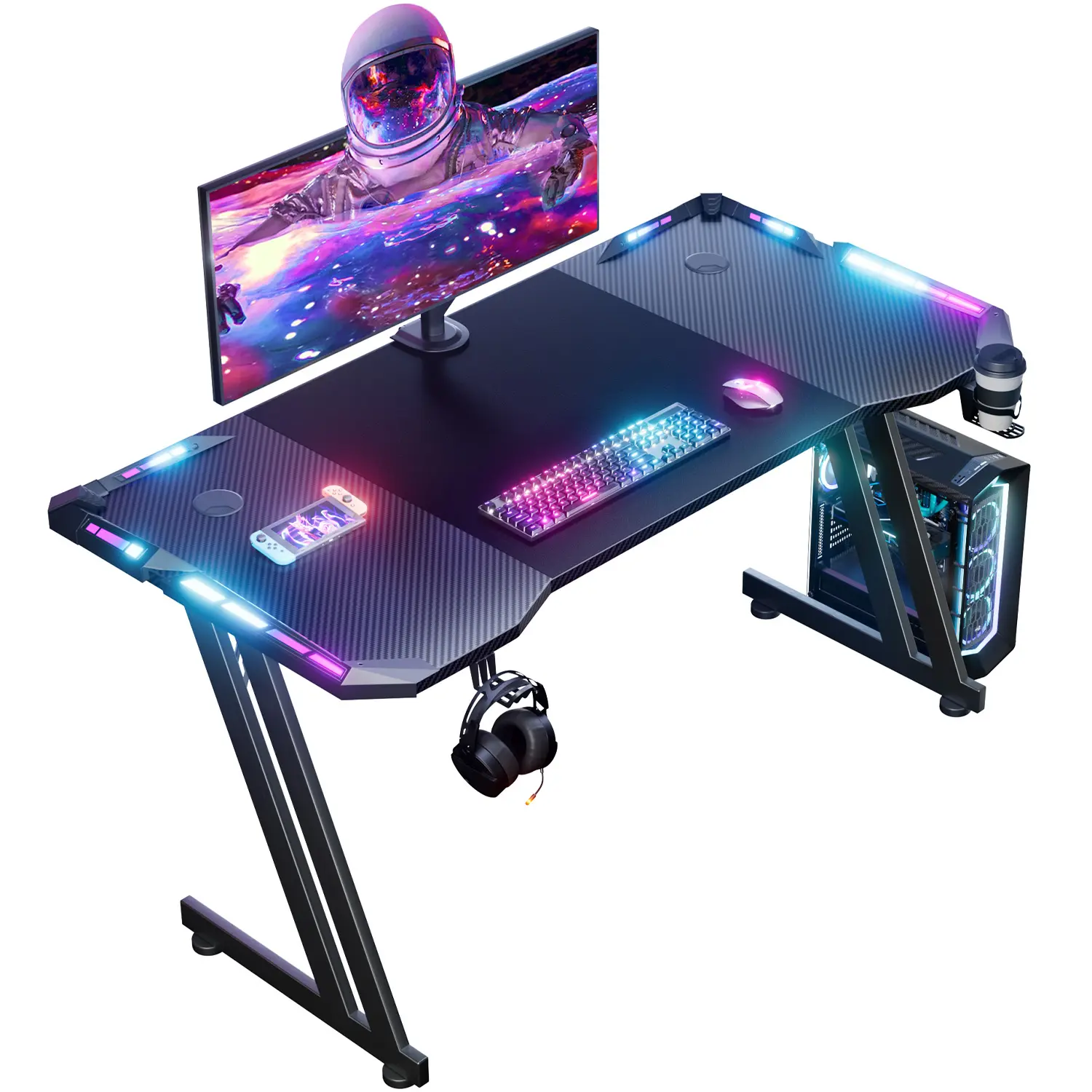 Z‑Shaped RGB Gaming Desk, Carbon Fiber Textured Computer Desk with LED Lights, Mouse Pad, Cup Holder & Headphone Hook, 47/55/63 Inch Waterproof Game Table, Easy‑Assembly for Bedroom Home Office