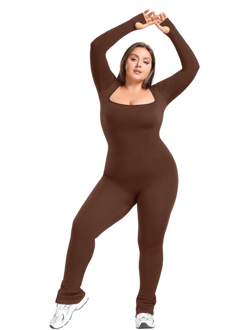 Long Sleeve Flare Wide Leg Jumpsuits Square Neck Full Length Jumpsuits