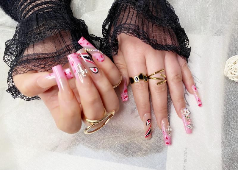 24 pcs Press on Nails - Long Square Glue on Nails with Hot Pink, Acrylic Bling Glitter Rhinestone Design