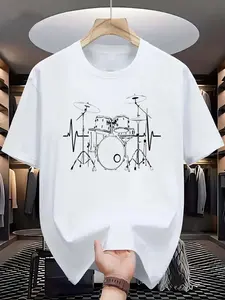 [Graphic Tee for Drummers] Drum Set Heartbeat Graphic Black T-Shirt| Unisex Short Sleeve Tee for Music Lovers and Drummers
