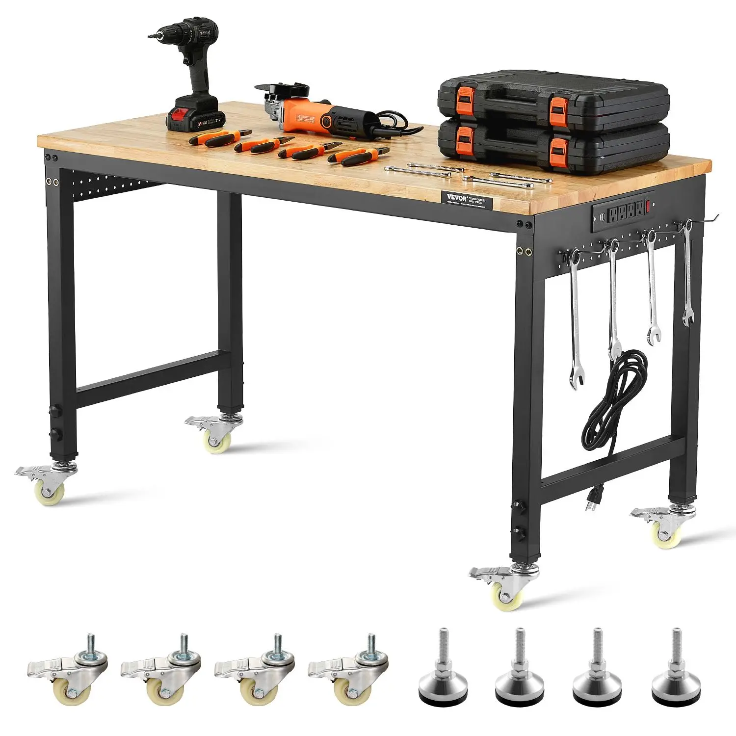 VEVOR 48-in Height Adjustable Heavy-Duty Carbon Steel Workbench (2000lb Load Capacity) with Solid Oak Top, Power Outlet, USB Ports, Tool-Free Casters, Transport Wheels, Pegboard for Garage, Workshop | Father's Day Gift
