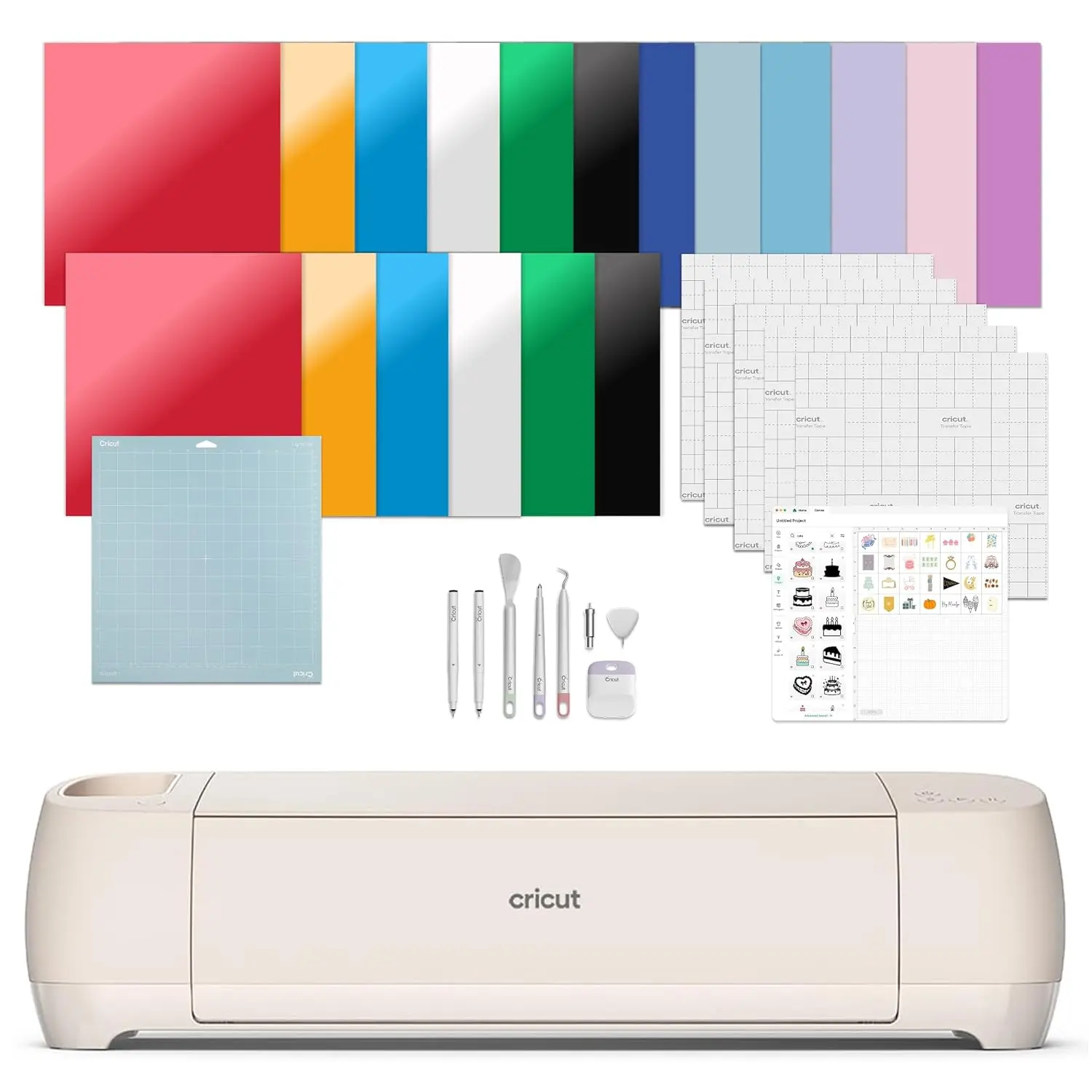 Smart Cutting Machine Engagement Bundle – Includes Vinyl, Cardstock, Transfer Tape, HTV, Tools, Pens & Design Space Images – Seashell Edition