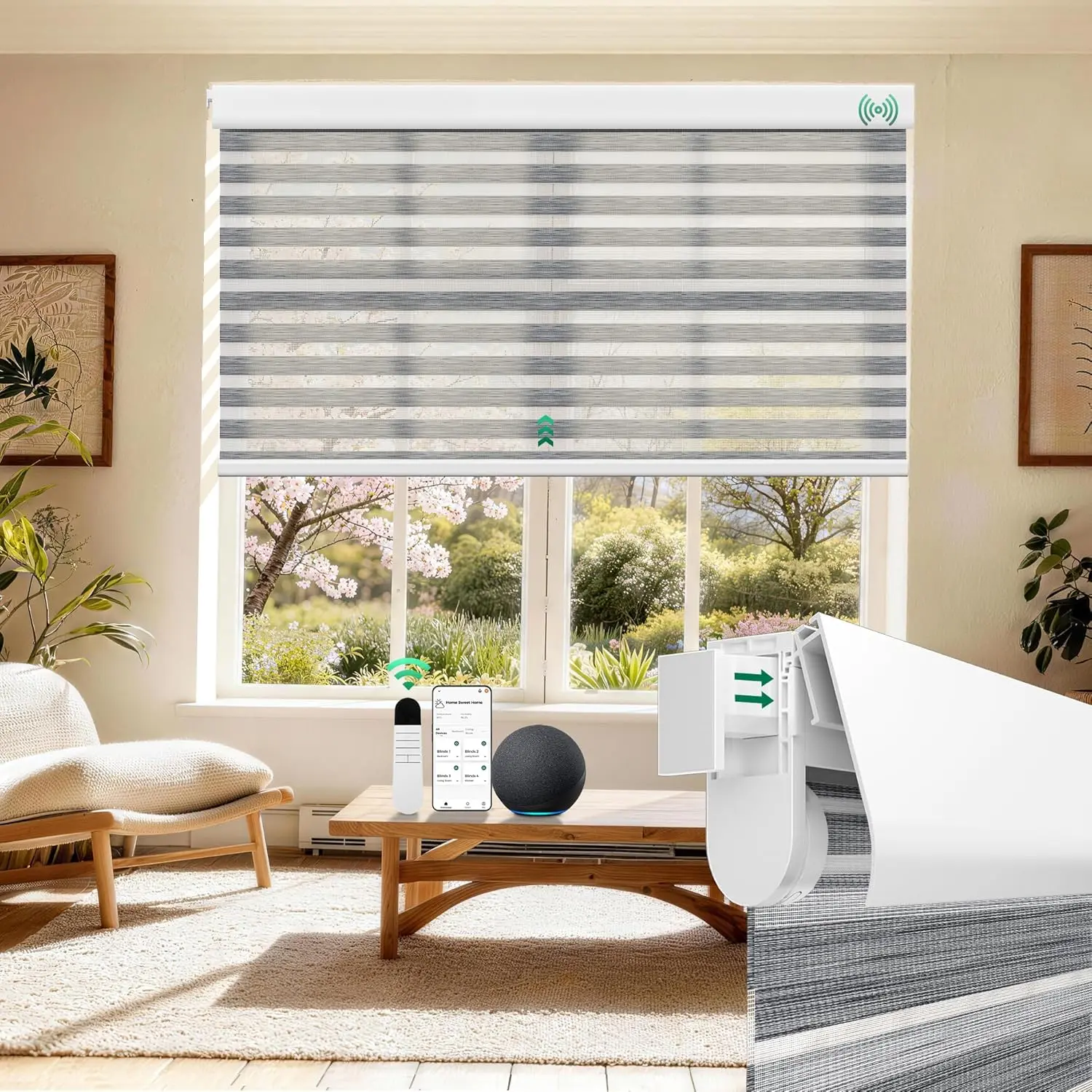 Allesin No-Drill Motorized Zebra Shades, 60% Light Filtering Smart Blinds with Remote Control - Alexa-Compatible, Automatic Day-Night Adjustment for Apartments & Rentals