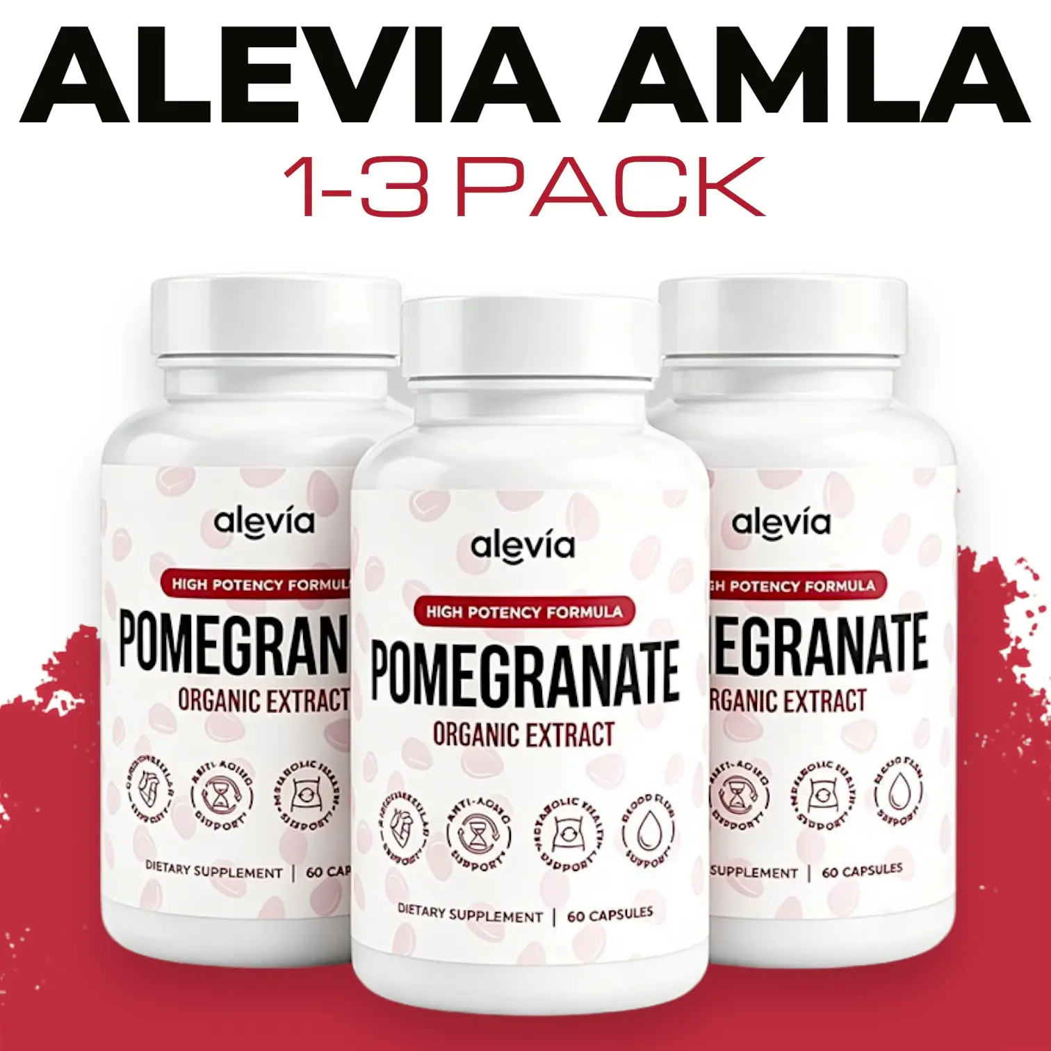 Alevia Organic Pomegranate Extract Capsules - Healthcare Dietary Supplement, Lightweight, Antioxidant & Daily Energy Support, 60 Capsules per Bottle, 1-3 Pack, Energy Boost, Organic Extract