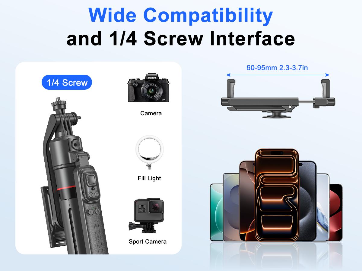 All-in-One Selfie Stick Tripod ,One-Click Automatically Pop-Up Open, Face Tracking ,Gesture Control Functions , with Handheld Stabilizer,Detachable Phone Holder ,360°Rotation,with Mutifunctional Remote Control,Maximum Extends to 68.9 inches