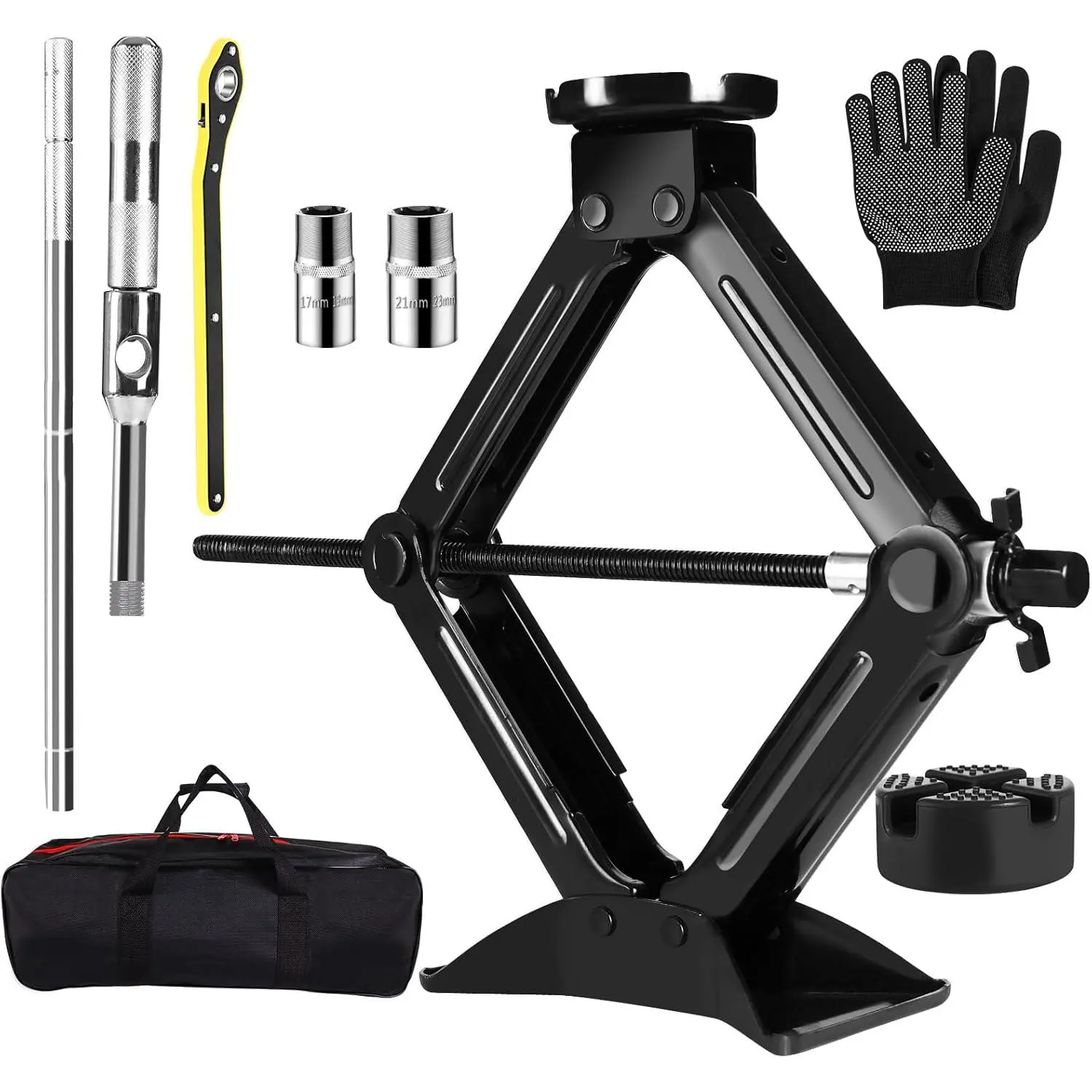 Universal 2.5T (5512 lbs) Scissor Car Jack Kit Set - Automotive Tire Inflator, Car Repair Tool with Rubber Pad, Upgraded Cross Wrench, Portable for SUV/MPV Tire Replacement