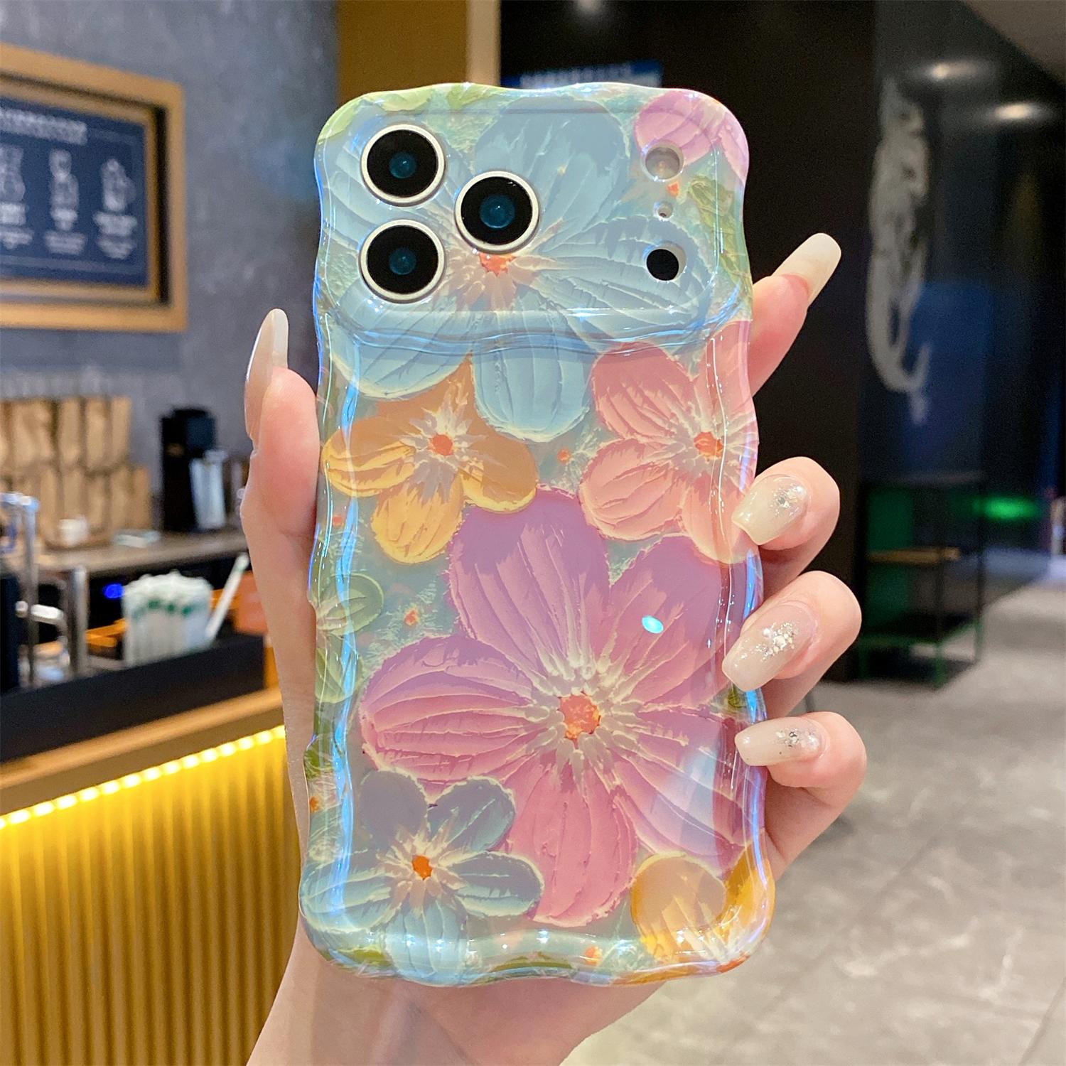 Colorful Retro Oil Painting Flower Pattern Compatible with iPhone 17 Pro Max/ 16/15/ 14/13,Pretty Glossy Pattern Wave Cover Cute Sparkly Floral TPU Protective Case for Women and Girl