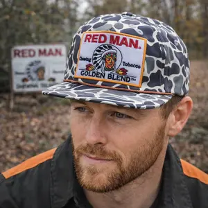 Red Man Golden Blend Camo Snapback Hat, Vintage Patch Baseball Cap, Adjustable Hunting Fishing Outdoor Trucker Hat for Men, Retro Streetwear Gift