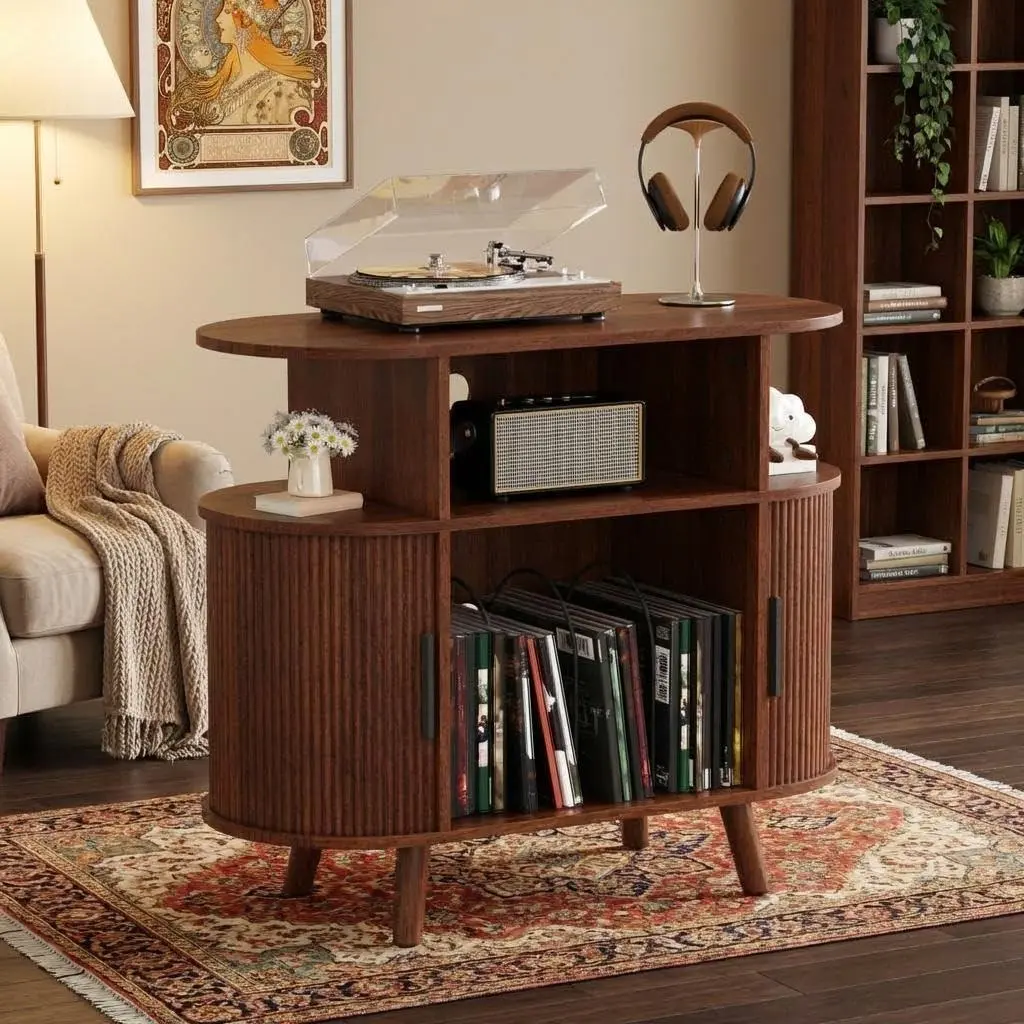 Gaomon 35" Width Mid-Century Modern Wooden Round-Oval Record Player Cabinet Table - Vinyl Storage Stand with Charging Station & Holder, Arched Indoor Living Room Bedroom Furniture