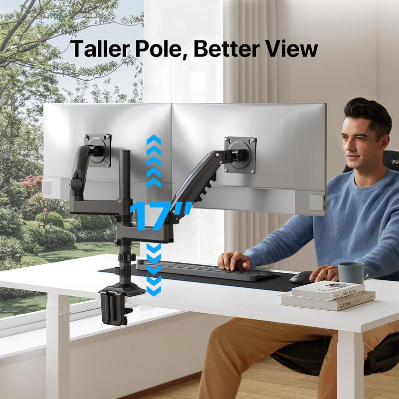 HUANUO Stackable Single/ Dual Monitor Arm - Adjustable Gas Spring Monitor Mount for Gaming and Home Office Setups, Monitor Stand Hold up to 34" with 19.8 lbs Max Weight and C-Clamp or Grommet Hole Mounting
