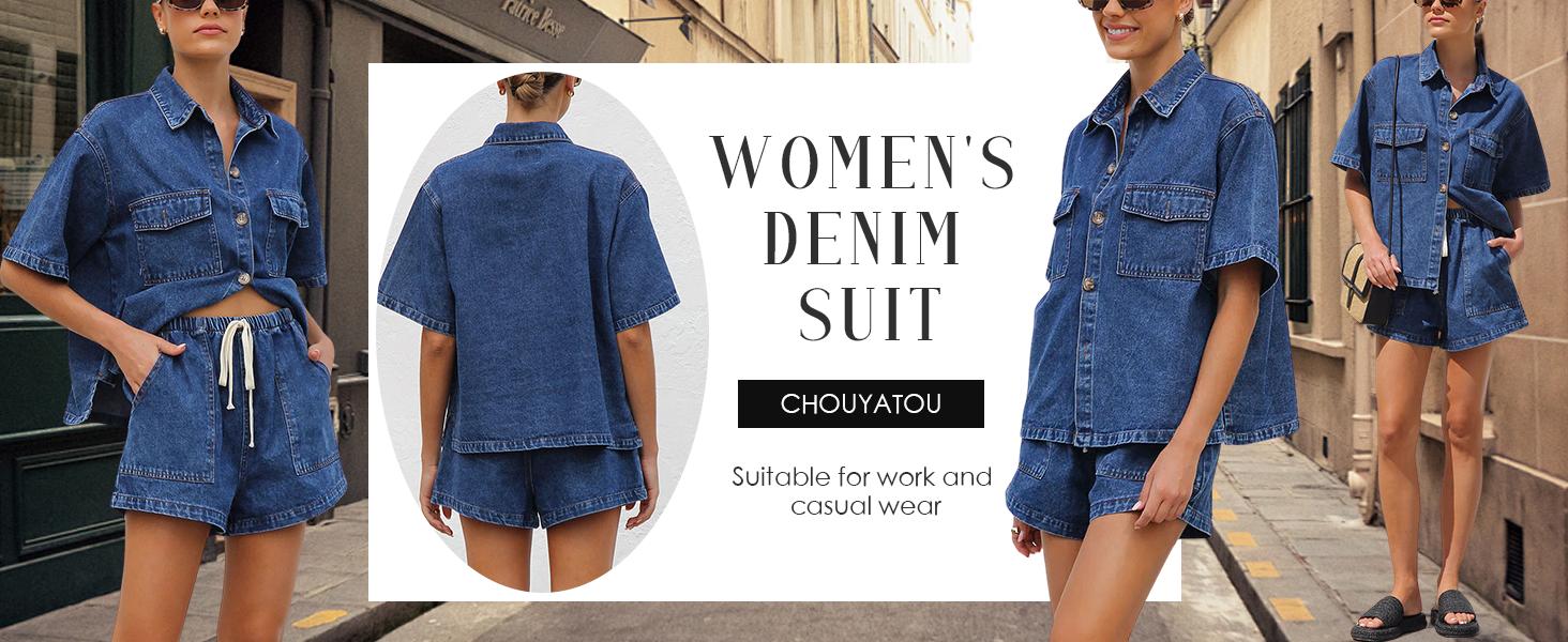 Chouyatou Women's Summer Denim Shirt and Shorts Two-Piece Set Short-Sleeve Button-Down Shirt with Elastic Waist Wide-Leg Shorts Casual Outfit