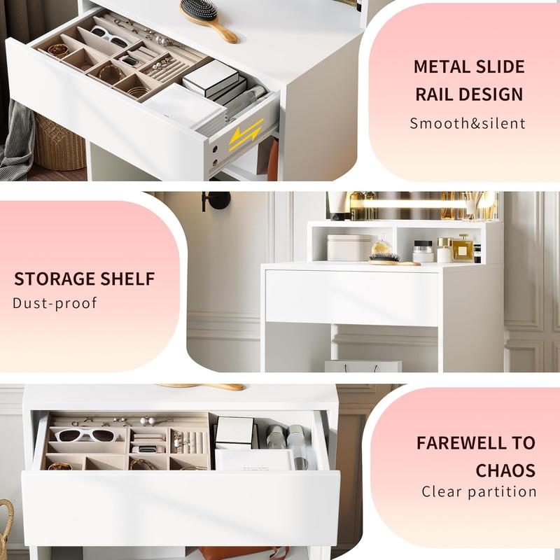 Modern LED Vanity Table, Makeup Desk with HD Large Mirror&Lights 3 Color Modes,Drawers&Shelves, for Girls Bedroom,Perfect Gift for Her – bedroom essential Modern LED Vanity Table, Makeup Desk with HD Large Mirror&Lights 3 Color Modes,Drawers&Shelves, for Girls Bedroom,Perfect Gift for Her – bedroom essential