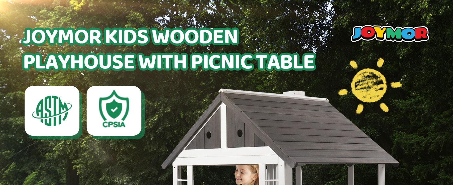 JOYMOR Kids Outdoor Playhouse - Wooden - Cottage with Sink Toys, Picnic Table Set, Mailbox, Flowerpot Holders, Kids Wooden Playground for Age 3-8 DIY Backyard