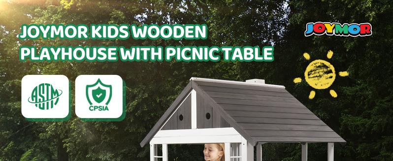 JOYMOR Kids Outdoor Playhouse - Wooden - Cottage with Sink Toys, Picnic Table Set, Mailbox, Flowerpot Holders, Kids Wooden Playground for Age 3-8 DIY Backyard
