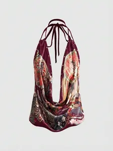 Vintage Oriental Buddha Print Deep V Backless Draped Neck Camisole Sexy Women Top