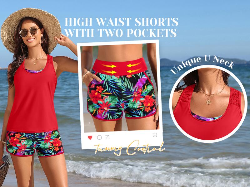 Tempt Me Women's Three Piece Tankini Swimsuit - Mesh Racerback Tank Top with Sports Bra & Pocketed Boyshorts Athletic Bathing Suits