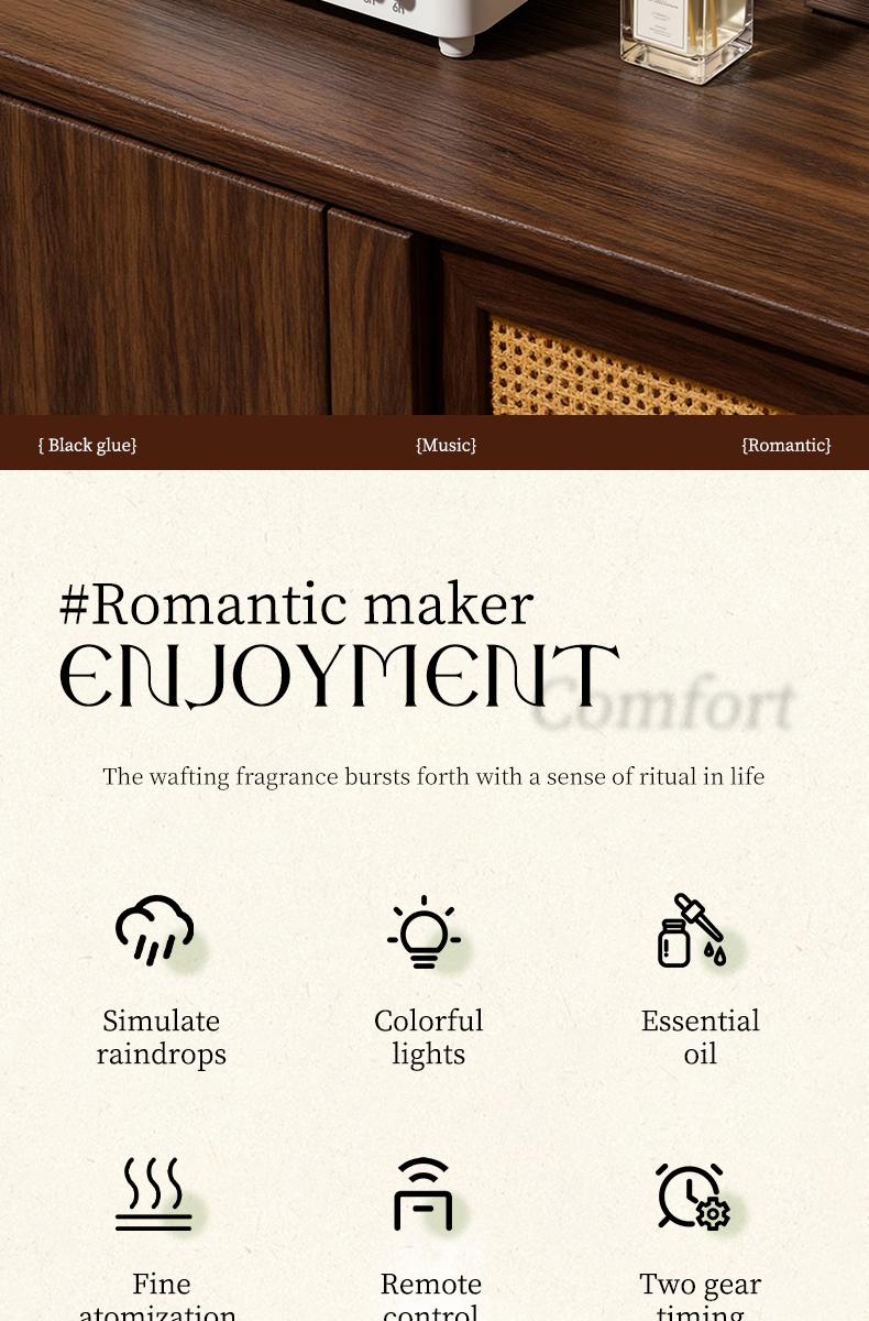 Phonograph-style aroma diffuser and humidifier with white noise and Bluetooth music, includes essential oils, features multiple natural sounds, automatic shut-off when water runs out, and ultrasonic raindrop rotation. A high-end white aroma diffuser gift.