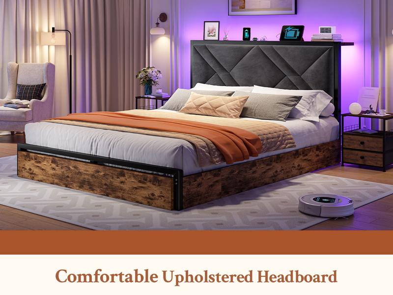 Raybee Luxury Bed Frame with 6 Storage Drawers,  LED Lights & Charging Station, Full Queen Platform Bed Frame with Upholstered Headboard & Shelf, No Noise, Holds 1000lbs, No Box Spring Needed,Easy Assembly, Black