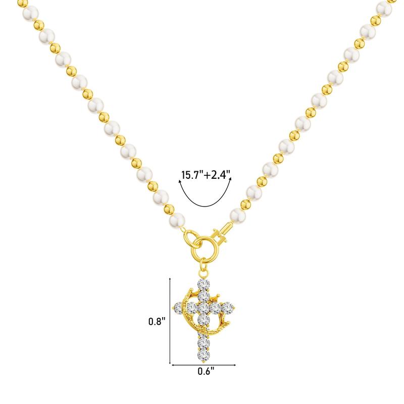 Tewiky Gold Pearl Beaded Crown Cross Necklace for Women, 4mm Pearls 3mm Beads Dainty Layered Style Jewelry Gift For Valentine's Day