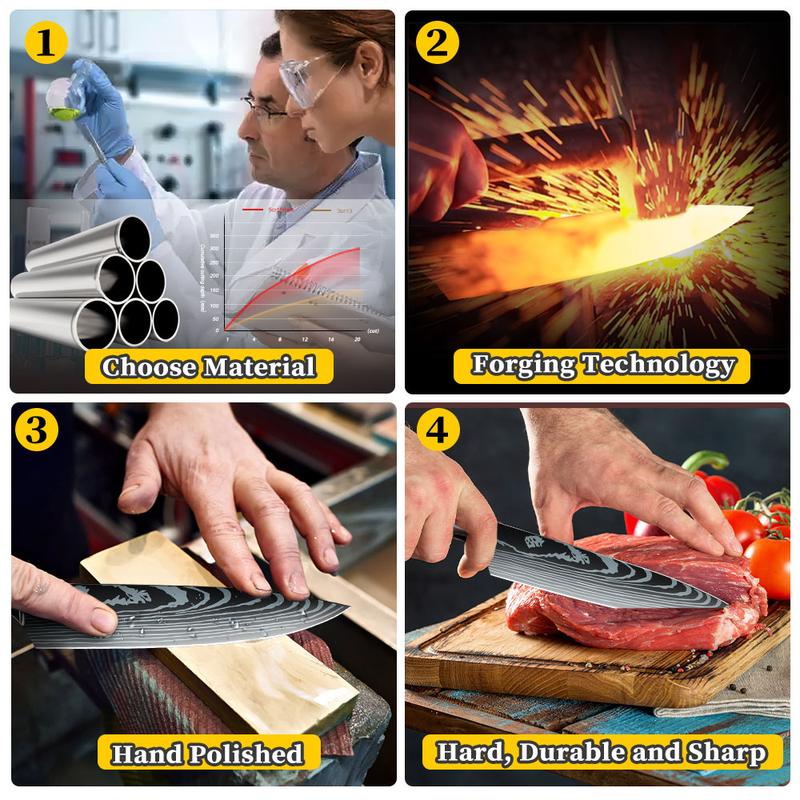 Japanese Chef Knife - 8 Inch Sharp Damascus Style Stainless Steel Pro Kitchen Knife, Ideal for Slicing and Cooking