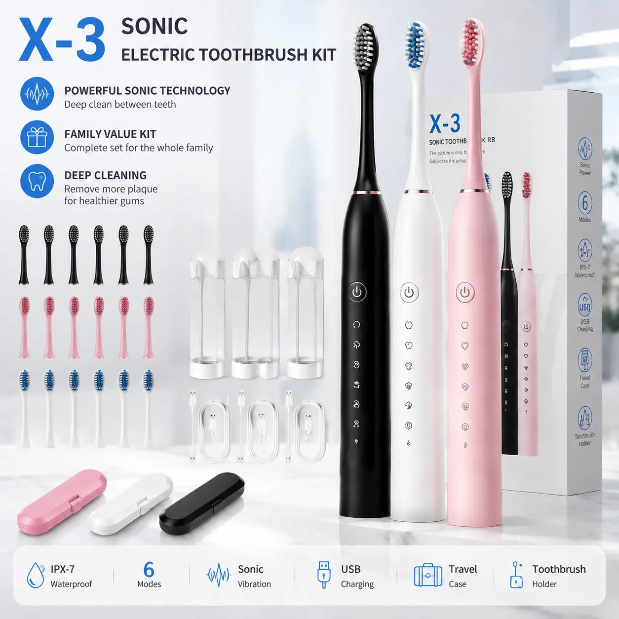 Adult Sonic Electric Toothbrush, Rechargeable Set with 6 Replacement Heads, Travel Case, Holder, USB Charging Cable, 6 Cleaning Modes, IPX7 Waterproof