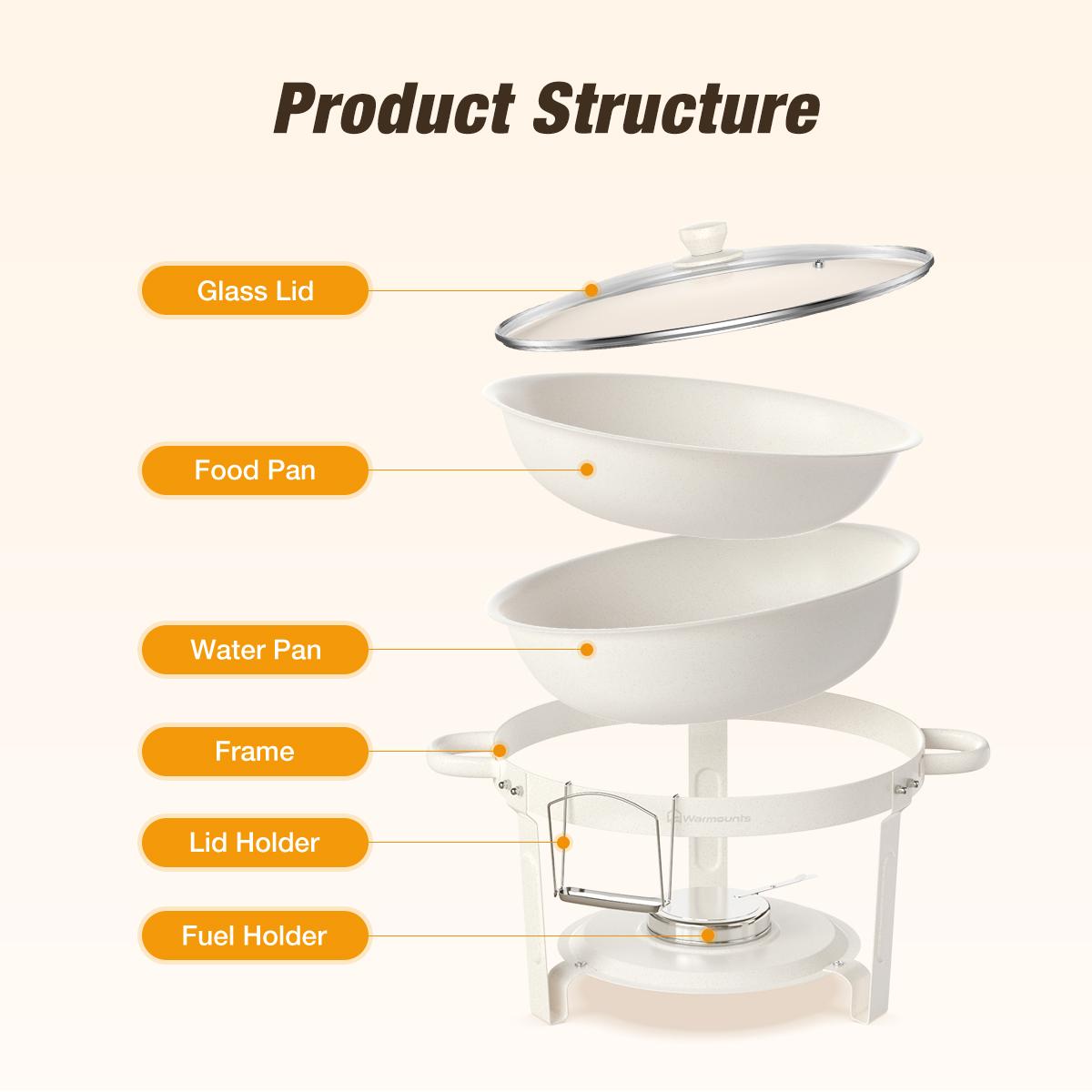 WARMOUNTS 5QT White Chafing Dishes for Buffet with Glass Lid 2/4 Pack, Maifanite-Coated Round Chafing Dish Set w/Mirror-Polished Stainless Steel Rolled Rim, Stackable, Lid Holder for Party, Wedding