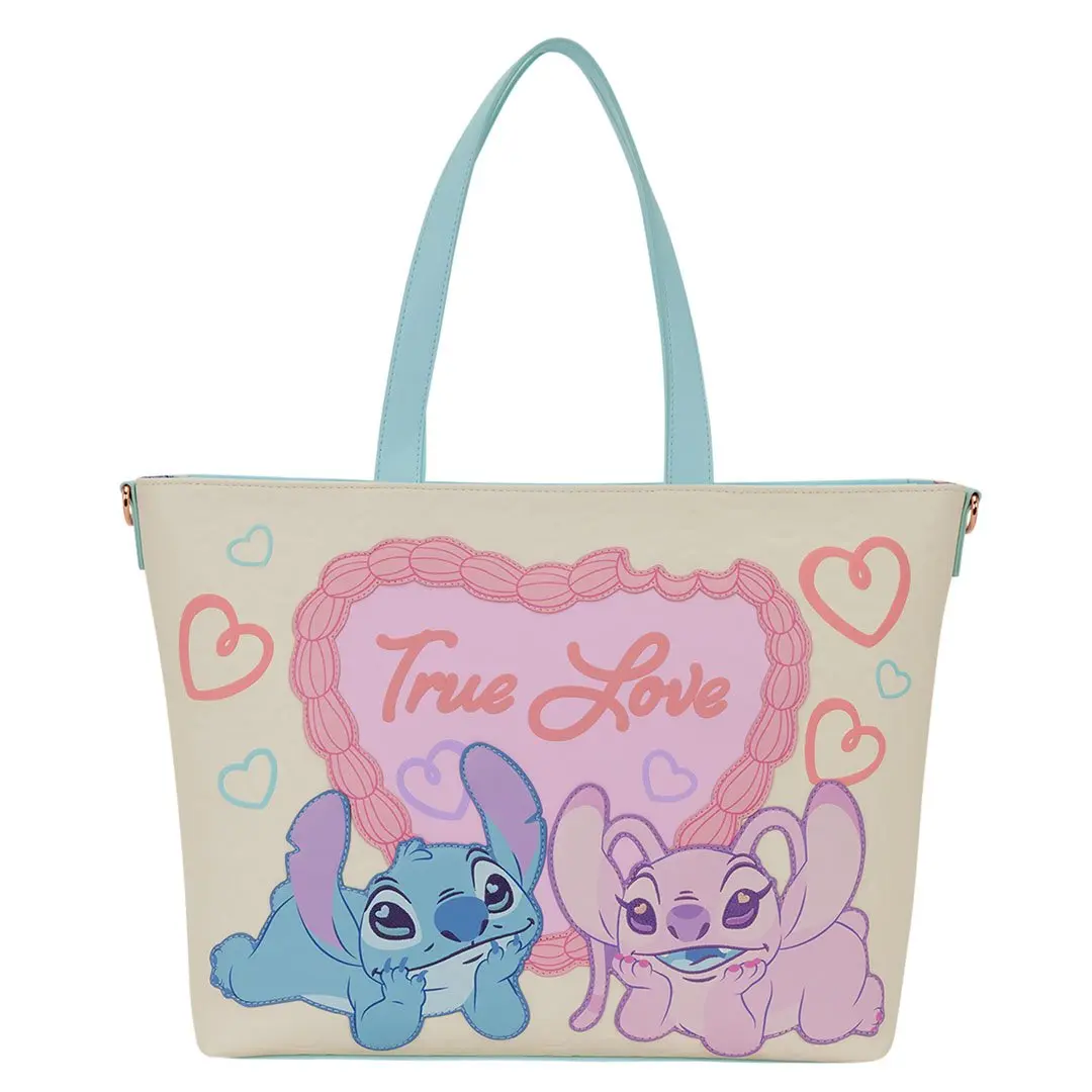 Loungefly Disney Stitch & Angel True Love Tote Bag, Cute Faux Leather with Convertible Crossbody Strap and Debossed Heart Design, Debossed Detail