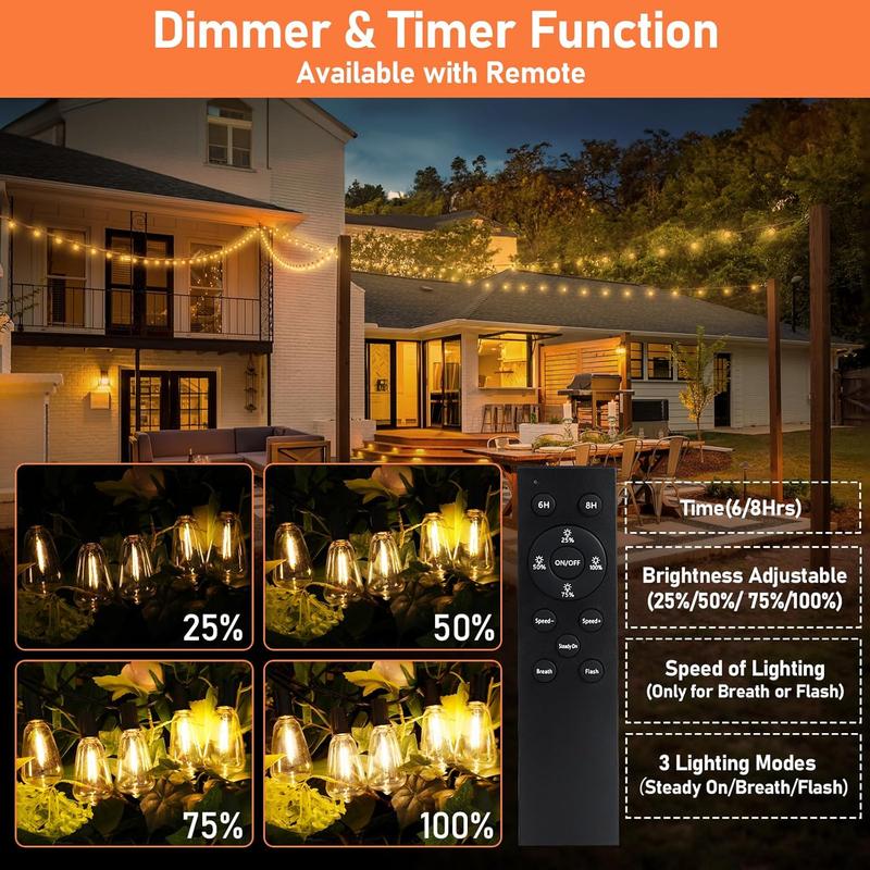 100FT Solar Outdoor String Lights Waterproof, Solar Powered String Lights for Outside with Shatterproof Bulbs, Dimmable ST38 LED Lights String, Patio Hanging Lights for Backyard Garden Party