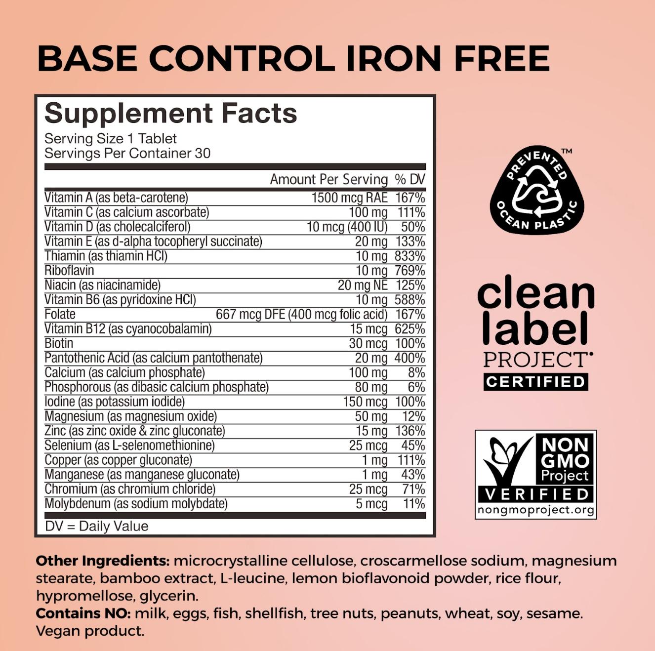 HUM Base Control Iron Free Daily Multivitamin - Clinically Tested Key Nutrients, 22 Vitamins & Minerals, Vegan Tablets, 30 Count