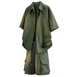 Ice silk quick-dry casual set for men, summer bubble mesh trendy brand loose shirt and shorts, two-piece thin short-sleeve shirt with large-pocket shorts