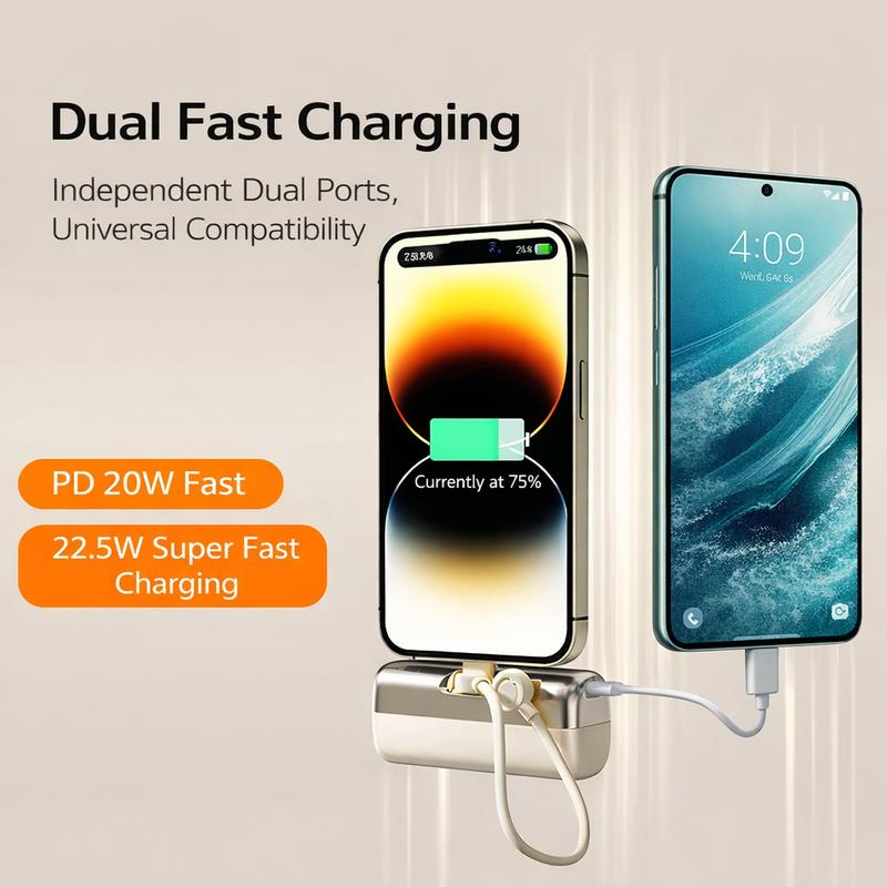 Lzaitai Portable Charger Nano Power Bank with Built-in USB C Connector lightning Connector 5000/10000mAh Portable Charger 22.5W, for iPhone 17/16/15 Series, Samsung S22/23/24 Series, iPad Pro/Air, AirPods, and More