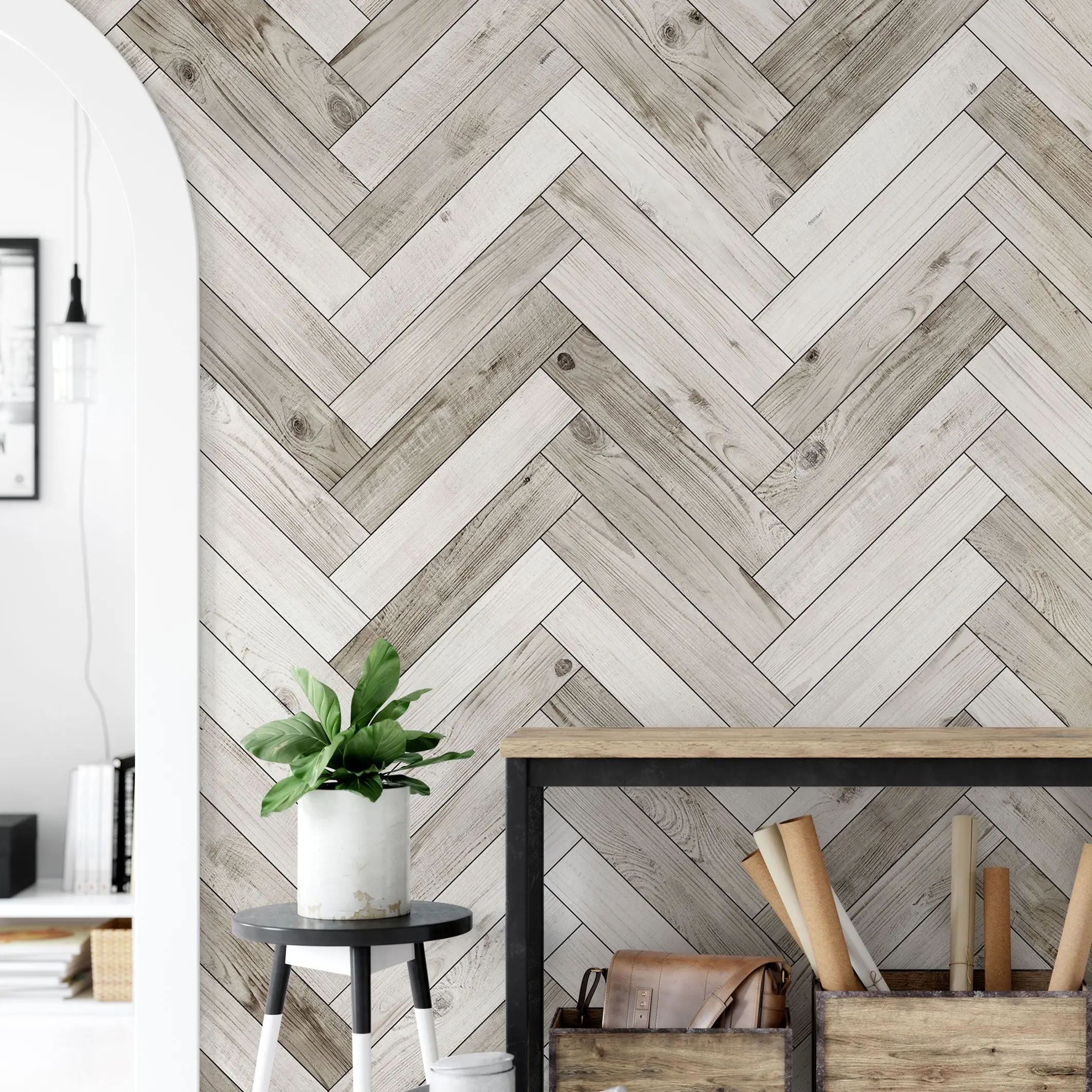 Herringbone Whitewashed Barn Wood Textured Look Peel-and-Stick Wallpaper - Renter-Friendly Adhesive Stick-On Wall Covering, Neutral Accent Wall Option for Home Improvement