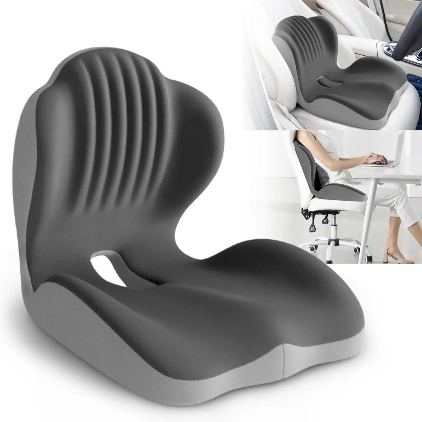 1 PC Adjustable Ergonomic Shell Memory Foam Padded Enhanced Seat Cushion, Extended Back Design, Soft Support, Comfortable Sitting, Suitable for Office Chairs, Car Seats, Home Use