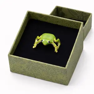 Cute Green Frog Ring for Women Adjustable Open Kawaii Animal Jewelry Gift Fun Cartoon Finger Accessory for Girls Teens with Individual Ring Box