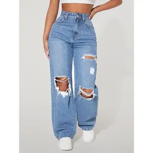 High Waist Ripped Straight Leg Jeans Chic Fit