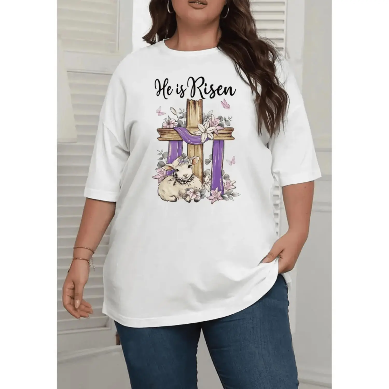 He is Risen Graphic T-Shirt for Women, Breathable Pure Cotton Round Neck Short Sleeve Spiritual Tee with Plus Sizes, Tshirt