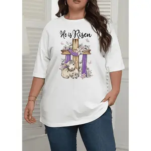 Women's Short-Sleeve Casual Round-Neck Cotton T-Shirt - Religious Cross, Lamb & Floral Print, "He is Risen" Lettering, Breathable, Plus-Size Spring-Summer Spiritual Top