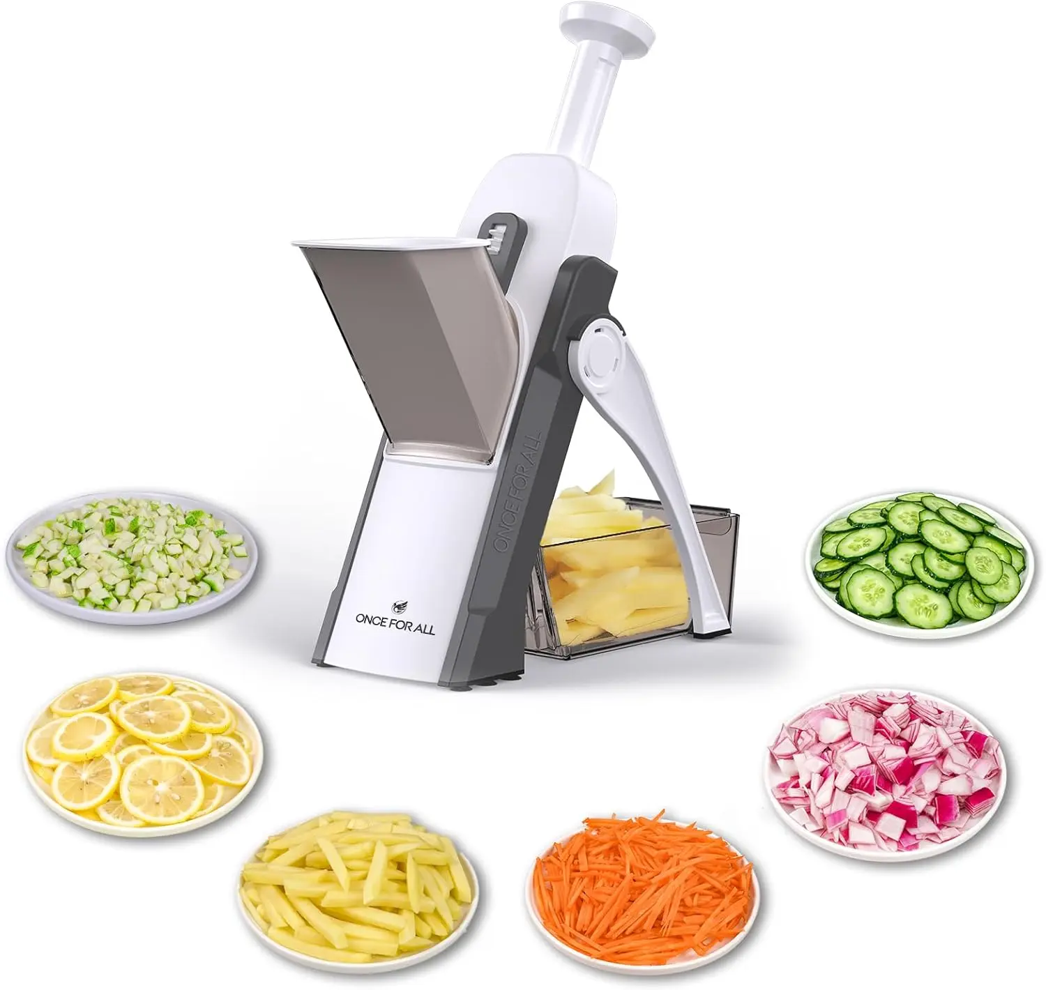 ONCE FOR ALL 5-in-1 Compact Durable Rustproof Stainless Steel Blade Mandoline Slicer - Collapsible Design Vegetable Chopper, Potato Cutter, Julienne Dicer, 0.1-8 mm Adjustable Thickness, Strong Suction Cup Base for Meal Prep Kitchen Utensil