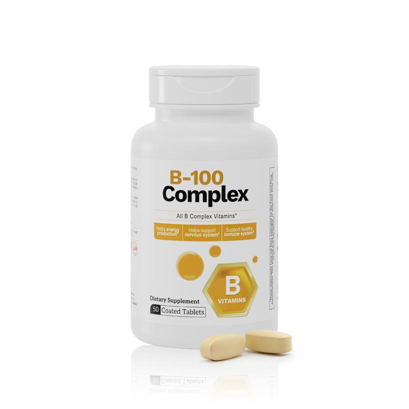 B-100 Complex – Complete Vitamin B Formula – 50 Coated Tablets