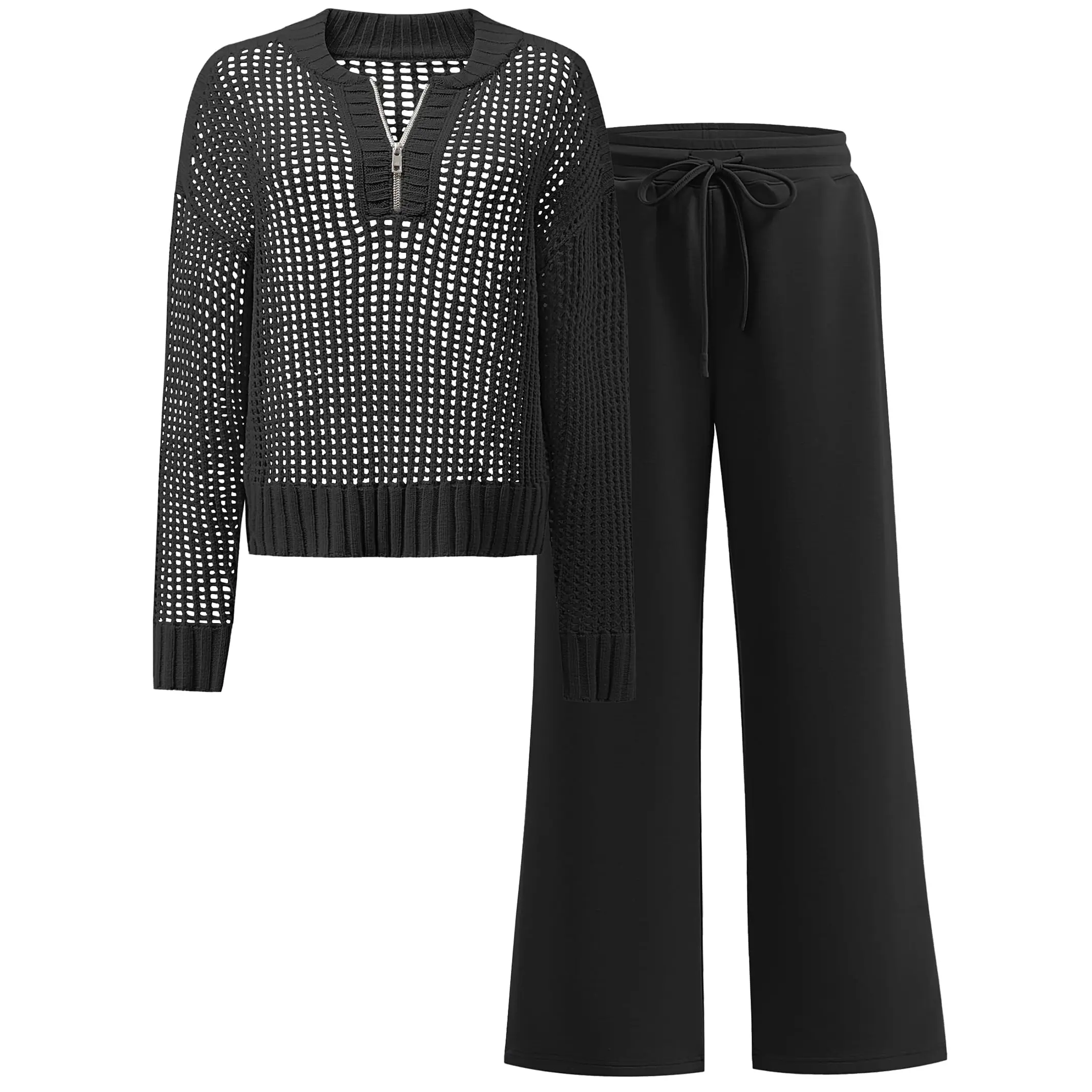 ANRABESS Womens 2 Piece Outfits 2026 Fall Crochet Knit Half Zip Sweater Top Wide Leg Pant Travel Matching Sets Lounge Clothes Openwork Knit Set Womenswear