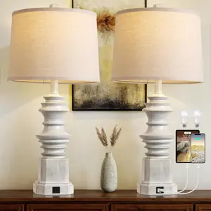 Table Lamps for Nightstand Set of 2, Bedside Lamp with USB A+C Charging Ports, Farmhouse Table Lamp with Linen Lampshade, Lamps for Living Room, Bedroom Lamps with LED Bulbs, Grey