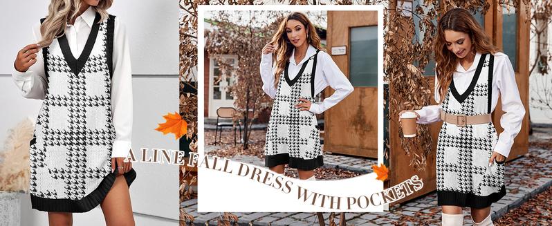 Women's Sleeveless V Neck Knit Sweater Vest Dress Casual Pullover with Side Pockets for Spring Basic Minimalist