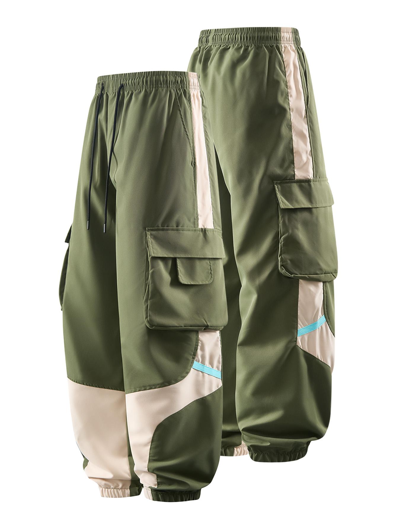 CCCMAI Men's Cargo Pants with Multiple Pockets - Durable Polyester, Machine Washable, Perfect for Hiking and Outdoor Activities, Breathable Comfortable Loose Fit Long Pants with Color-Blocked Side Panels and Drawstring Waist Design. Menswear