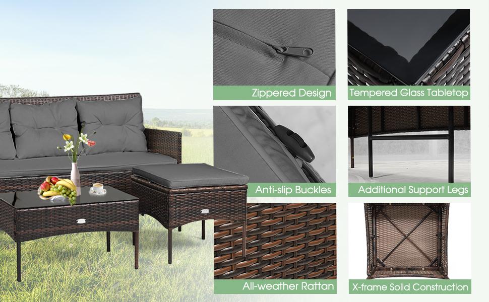 COSTWAY 3 Pieces Patio Conversation Set, Outdoor PE Rattan Wicker Furniture Set W/Cozy Cushions, All Weather Sectional Sofa Set W/Tempered Glass Coffee Table & Ottoman for Poolside, Backyard, Garden COSTWAY 3 Pieces Patio Conversation Set, Outdoor PE Rattan Wicker Furniture Set W/Cozy Cushions, All Weather Sectional Sofa Set W/Tempered Glass Coffee Table & Ottoman for Poolside, Backyard, Garden