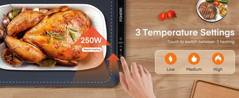 FOHERE Warming Mat for Food Full Surface Heating, 3 Modes, Electric Heating Tray, Keep Food Warm or Defrost, Suitable for Daily Home Use, Parties, Multifunctional, Rollable