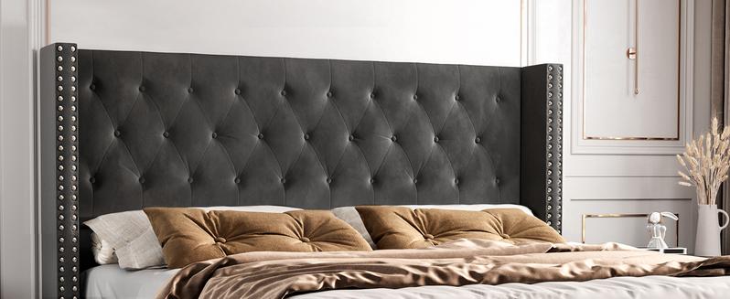 AMERLIFE Bed Frame with Wingback Headboard, Upholstered Velvet Bed with Tufted Diamond Button/No Box Spring Needed/Easy Assembly/Christmas Gift