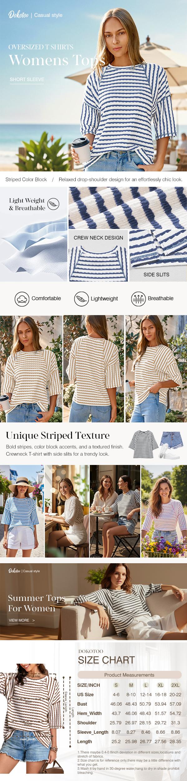 Dokotoo Womens Summer Tops Oversized Tshirts for Women Striped Color Block Short Sleeve T Shirts Crewneck Casual Tee Blouses