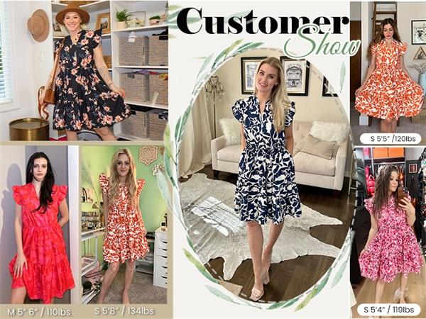 Women's Floral Printed Ruffle Sleeve Tiered Mini Dress - Straight Shoulder Bohemian V Neck Casual Womenswear