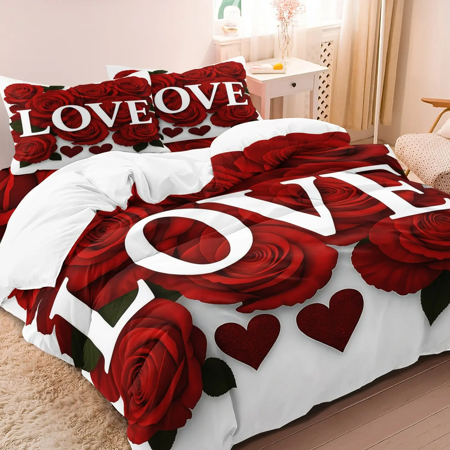 3pcs Valentine's Day Applicable Love Letter Pattern Duvet Cover Set, Bedding Set, Theme Bedding Set, Bed Sets, Suitable for Bedroom, Guest Room 1*Duvet Cover +2*Pillowcase, Without Core